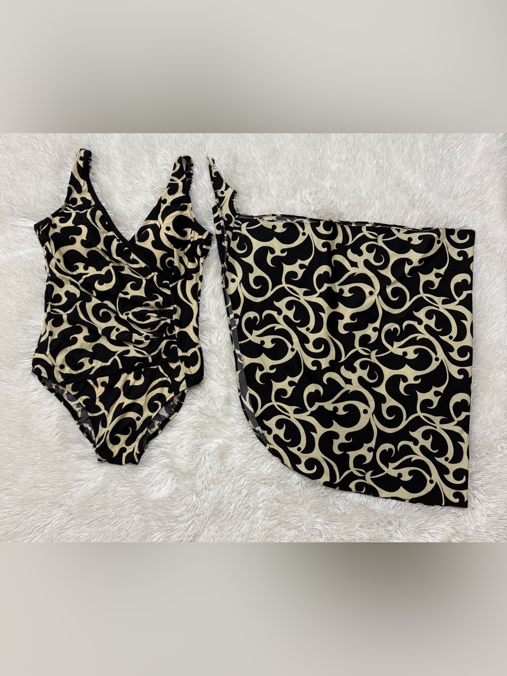 Black & Cream Swirl One-Piece with Matching Skirt